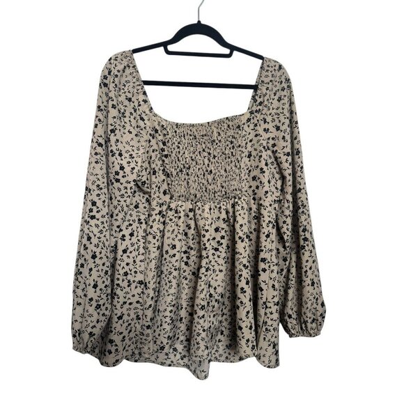 Shein Plus Floral Peasant Blouse - 1XL Beige Black Long Sleeve Top - Picture 3 of 3